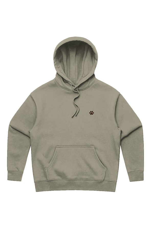 Women’s oversized Eucalyptus hoodie with small chocolate-brown paw embroidery on the left chest, AS Colour 4146