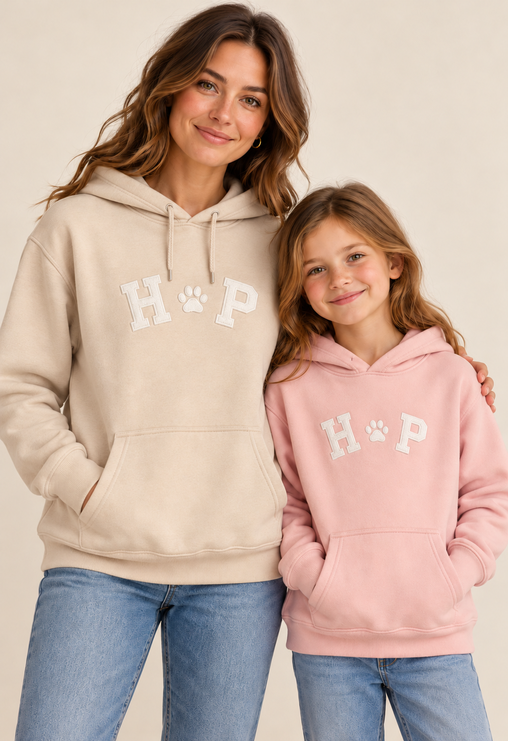 Adult and child wearing matching H Paw P embroidered hoodies in Bone and Pigment Pink