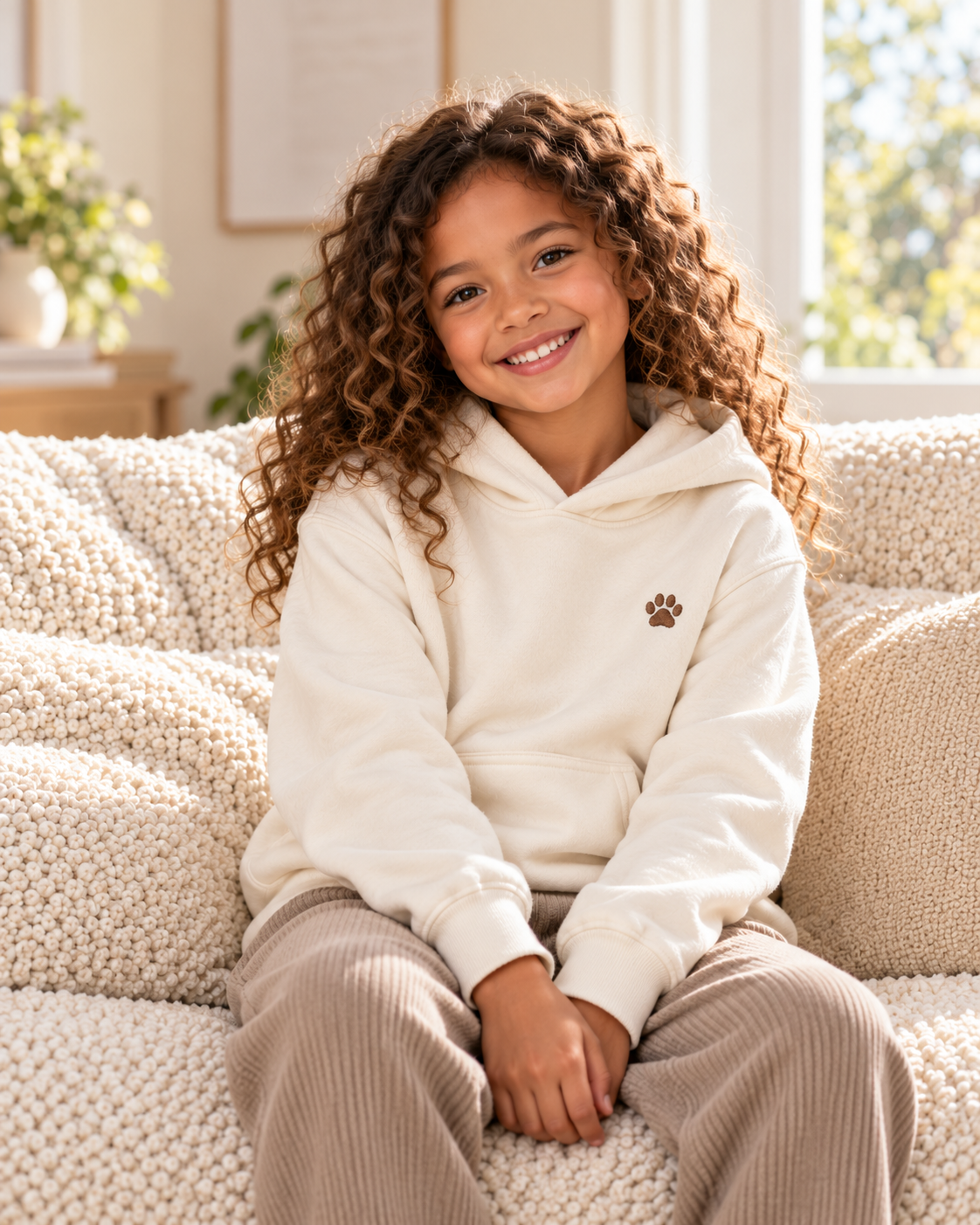 kids in a coordinated cream hoodie, warm home campaign portrait